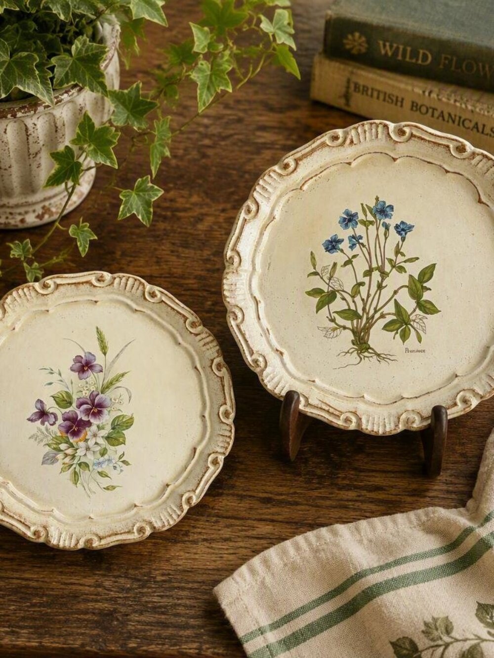 Vintage Italian Florentine Wooden Botanical Plates - Set of 2
